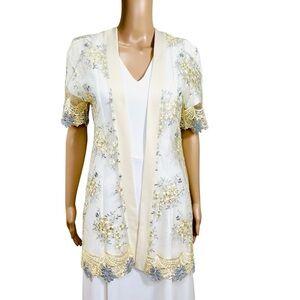 Cream and silver lace open cardigan, kimono with Metallic threading sz XL